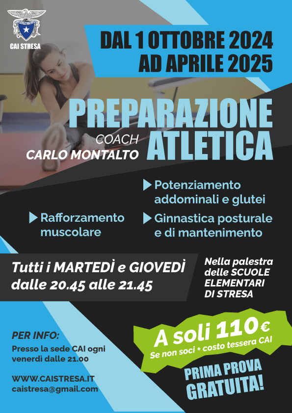 Preparazione atletica anno 2024/25 dal 1 ottobre presso la palestra delle scuole elementari di Stresa ad aprile